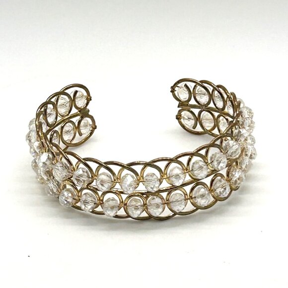 Vintage Gold-Tone Wire Cuff Bracelet With Clear Faceted Beads - Picture 2 of 10